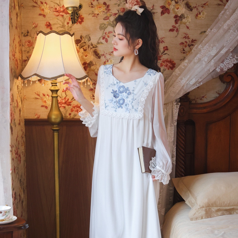 春に向け ゆったり 刺繡 レース 長袖 切り替え フリル 足首丈 ワンピース パジャマ Pajamas