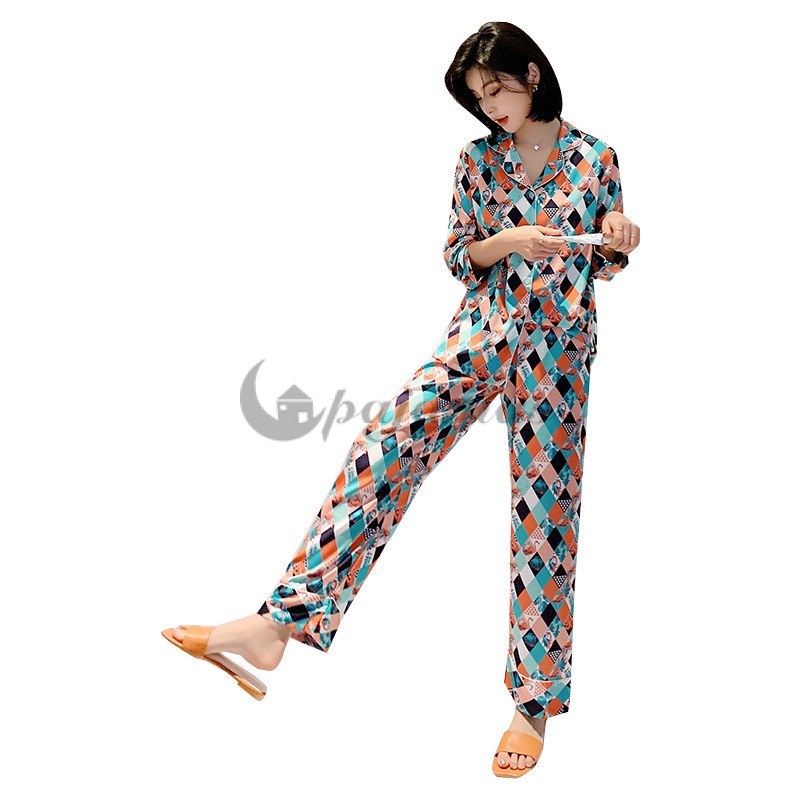 スタイリッシュ ビスコース プリント ひし形 配色 上下セット ルームウェア 寝巻き 半袖パジャマ パジャマ