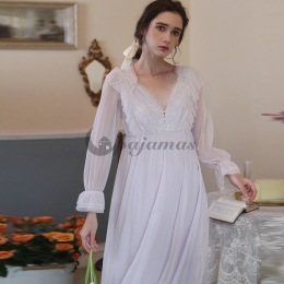 レトロ ルーズ シンプル レース Vネック 長袖 チュール ワンピース パジャマ