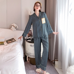 長袖 シルク パジャマ セット セクシー スタイリッシュ  折り襟 プリント