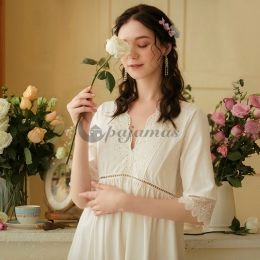 睡眠の質を上げる パジャマ レディース かわいい 人気 ワンピース  レース 清純 気質溢れる♪ コットン Vネック ハイウエスト