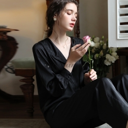 ゆったり感アップ ポリエステル 折り襟 長袖 無地 シングルブレスト ズボン 長袖 パジャマ