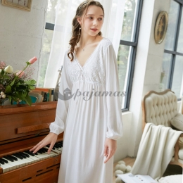 可愛い パジャマ レディース おしゃれ かわいい 長袖 ワンピース レース コットン Vネック 背中開き