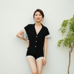 女性力を高める~  肌に優しい 部屋着 睡眠 自宅 レーヨン 折り襟 半袖 無地 レース 半袖パジャマ パジャマ