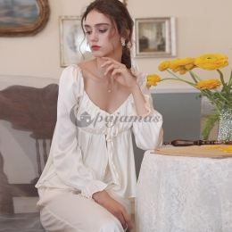 エレガント✿ ルーズ スウィート ポリエステル スクエアネック 無地 ズボン 長袖 パジャマ