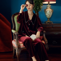 エレガント ベルベット 折り襟 無地 ルームウェア 快眠 上下セット 長袖パジャマ・薄手