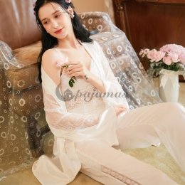 長袖 パジャマ セット 薄手 高級 ルームウェア 3点セットセクシー レース 切り替え