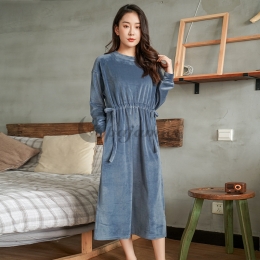 好感度満載！  部屋着 睡眠 自宅 保温 ポリエステル ラウンドネック 長袖 無地 着痩せ ワンピース パジャマ