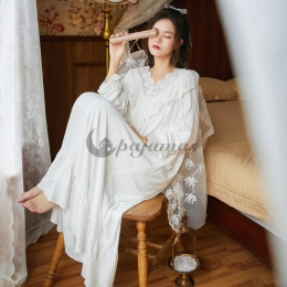 トレロ コットン Ⅴネック プリンセス レース ルーズ ルームウェア ロング ワンピース パジャマ