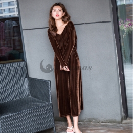 女性力を高める～  肌に優しい 部屋着 睡眠 自宅 保温 ポリエステル Vネック 長袖 無地 ワンピース パジャマ