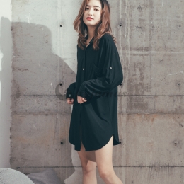 長袖 ワンピース パジャマ レディース かわいい 部屋着 睡眠 BF風 個性的♪   柔らかい 肌に優しい  折り襟 無地 イレギュラー