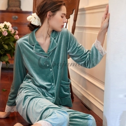 着心地抜群 折り襟 長袖 無地  切り替え ハイウエスト ズボン 長袖 パジャマ