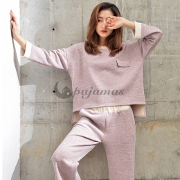 気質溢れる♪  部屋着 睡眠 自宅 防寒 保温 ポリエステル ラウンドネック 長袖 無地 パッド入り 長袖パジャマ・厚手 パジャマ