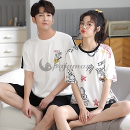 デイリー  カップル パジャマ ルームウェア 柔らかい コットン ラウンドネック 半袖 短パンツ