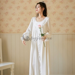 エレガント✿  部屋着 睡眠 自宅 コットン ラウンドネック 長袖 ホワイト レース ワンピース パジャマ