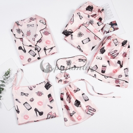 シルク パジャマ 安い 人気 ルームウェア7点セット セクシー   長袖 パンツ 気質溢れる♪ 折り襟  ピンク