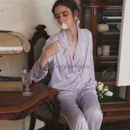 ルーズ ポリエステル 着痩せ Vネック エナメル 長袖 ズボン パジャマ