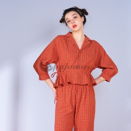 スタイリッシュ コットン チェック柄 折り襟 リボン付け フリル 七分袖 ルームウェア 上下セット 半袖パジャマ