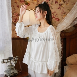 女性力を高める～ 睡眠 自宅 コットン ラウンドネック 長袖 無地 ホワイト レース セット 長袖パジャマ・薄手 パジャマ