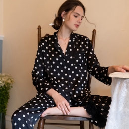 スウィート ポリエステル 水玉 折り襟 上下セット ルームウェア パンツ 長袖パジャマ・薄手