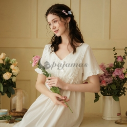 半袖 パジャマ レディース ワンピース エレガント✿ Vネック 無地 ハイウエスト