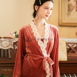 3点パジャマ レトロ 無地 レース ビロード キャミソール ズボン コート