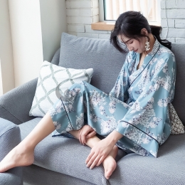 気質溢れる  部屋着 睡眠 自宅 保温 ポリエステル Vネック 9分袖 総柄 リボン付け 長袖パジャマ・薄手 パジャマ