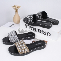 サンダル スリッパ 素足 ローヒール パール ラインストーン 合わせやすい レディース 可愛い