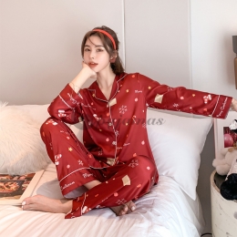 スウィート シルク 折り襟 クリスマス柄 プリント 上下セット ルームウェア 寝巻き 快眠 長袖パジャマ・薄手