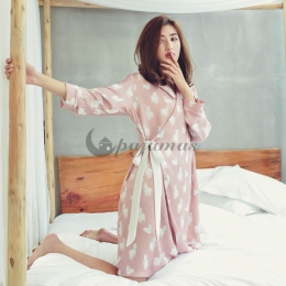 シルク パジャマ 長袖  おしゃれ ワンピース  ルーズ スウィート 柔らかい 折り襟 カートゥーンプリント