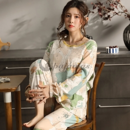 着心地抜群  柔らかい 部屋着 肌に優しい 睡眠 自宅 コットン ラウンドネック 長袖 長袖パジャマ・薄手 パジャマ