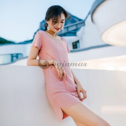 スタイリッシュ エレガント✿  抜群の肌触り 柔らかい 肌に優しい 部屋着 睡眠 自宅 レーヨン 半袖 無地 ワンピース パジャマ