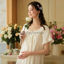 レディース パジャマ ワンピース 安い 半袖 レース 清純 大人 コットン Vネック 透かし彫り
