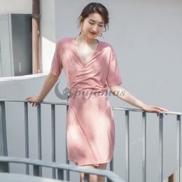 おしゃれ 可愛い パジャマ  レディース 半袖 ワンピース  Ⅴネック 薄手  リボン付け 膝上  きれいめ キュート